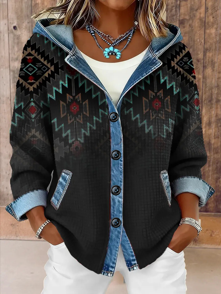 Women’s Denim Patchwork Hooded Shacket – Chic Plaid & Ribbed Cardigan - Image 10