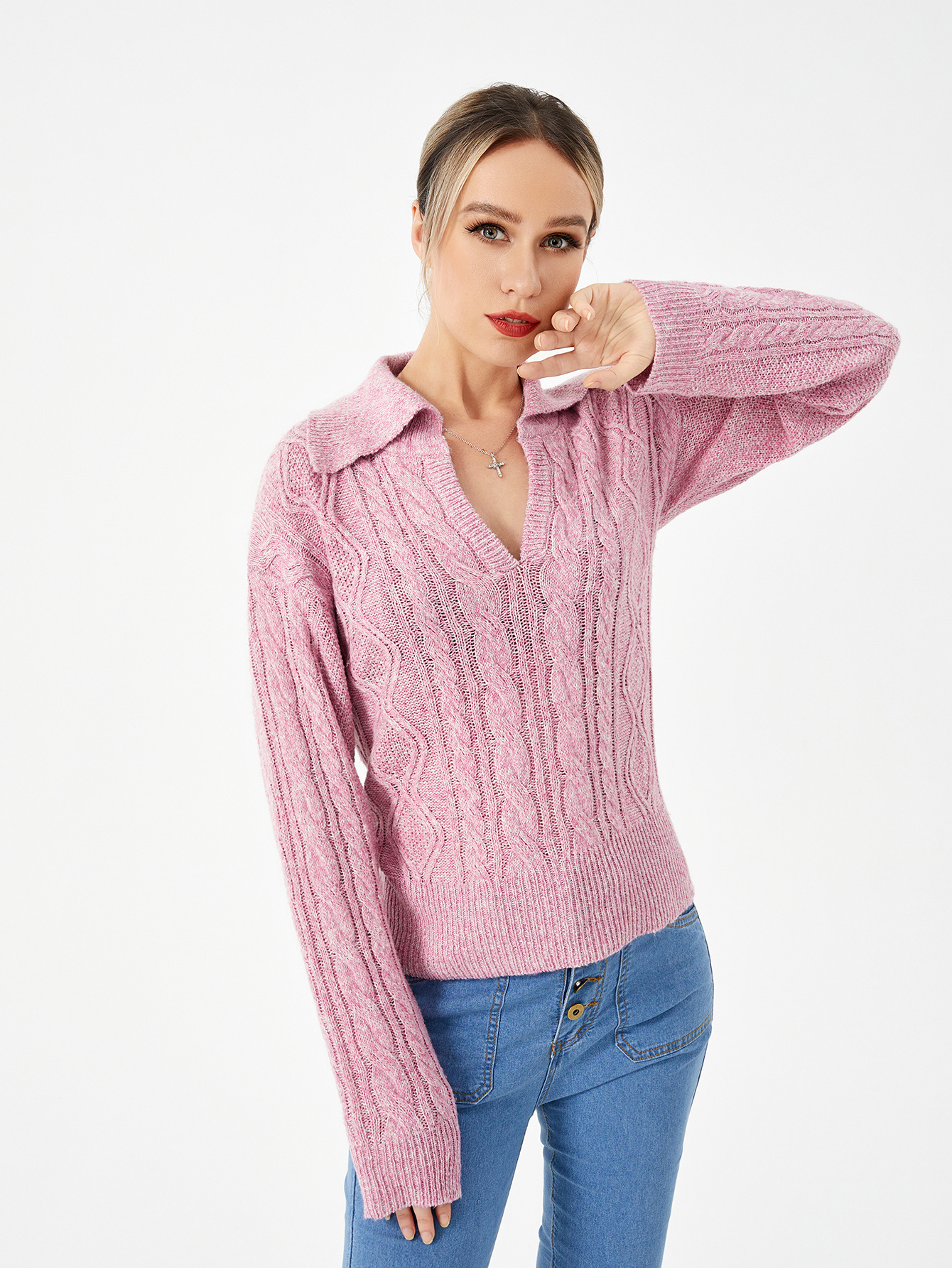 Chic Women's Cable Knit Polo Sweater - Cozy V-Neck Fall Pullover - Image 4