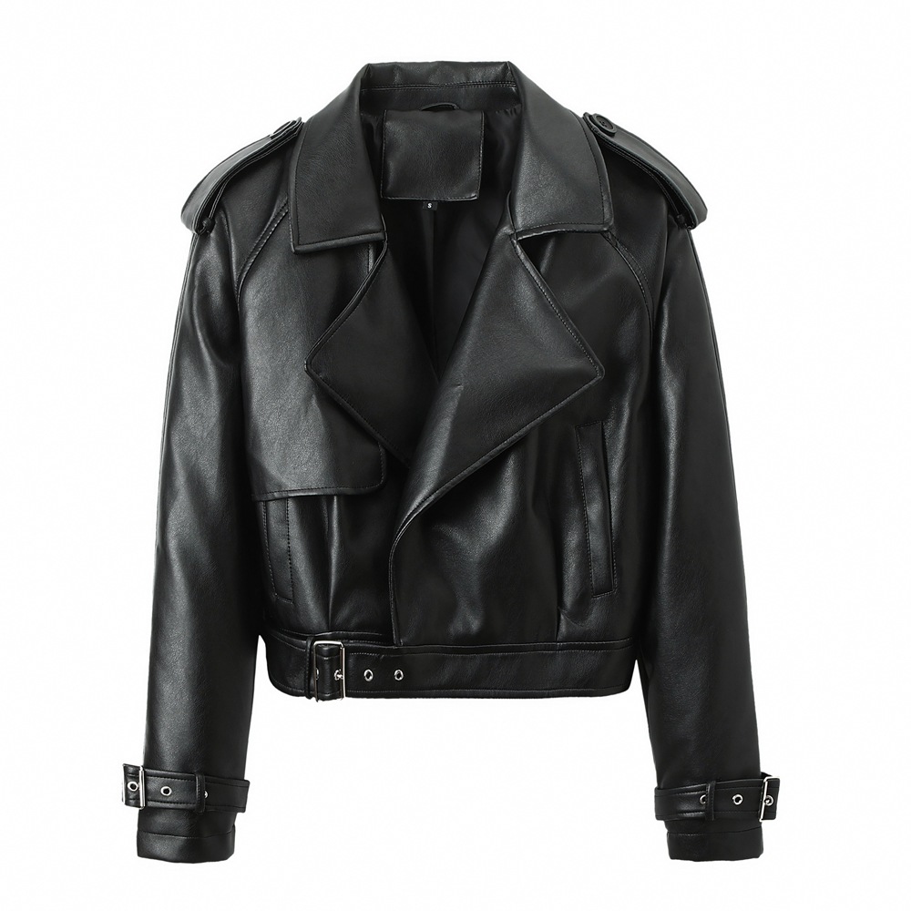 Women’s Chic Cropped Faux Leather Biker Jacket – 2 Colors – Wide Lapel