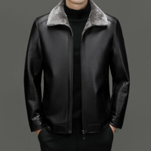 Men’s Classic Fleece-Lined Winter Leather Jacket with Faux Fur Collar