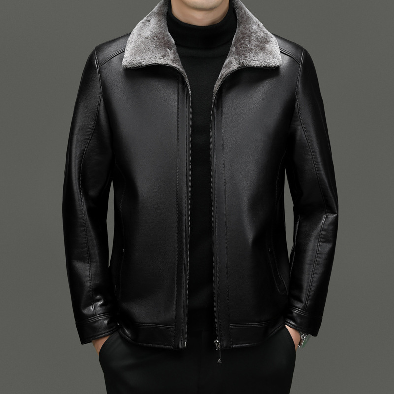 Men’s Classic Fleece-Lined Winter Leather Jacket with Faux Fur Collar