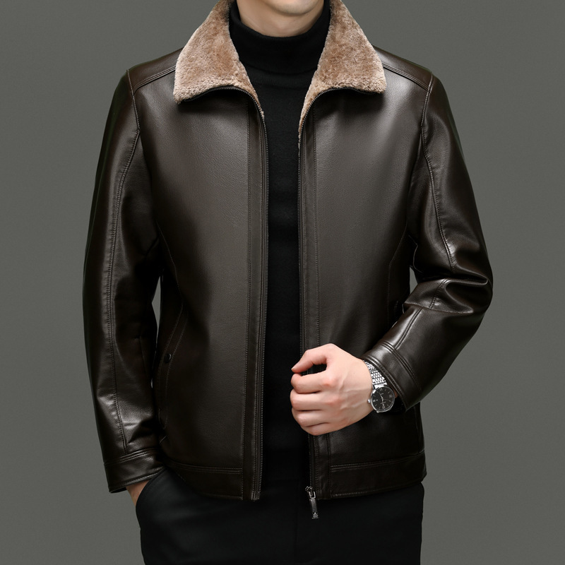 Men’s Classic Fleece-Lined Winter Leather Jacket with Faux Fur Collar - Image 8