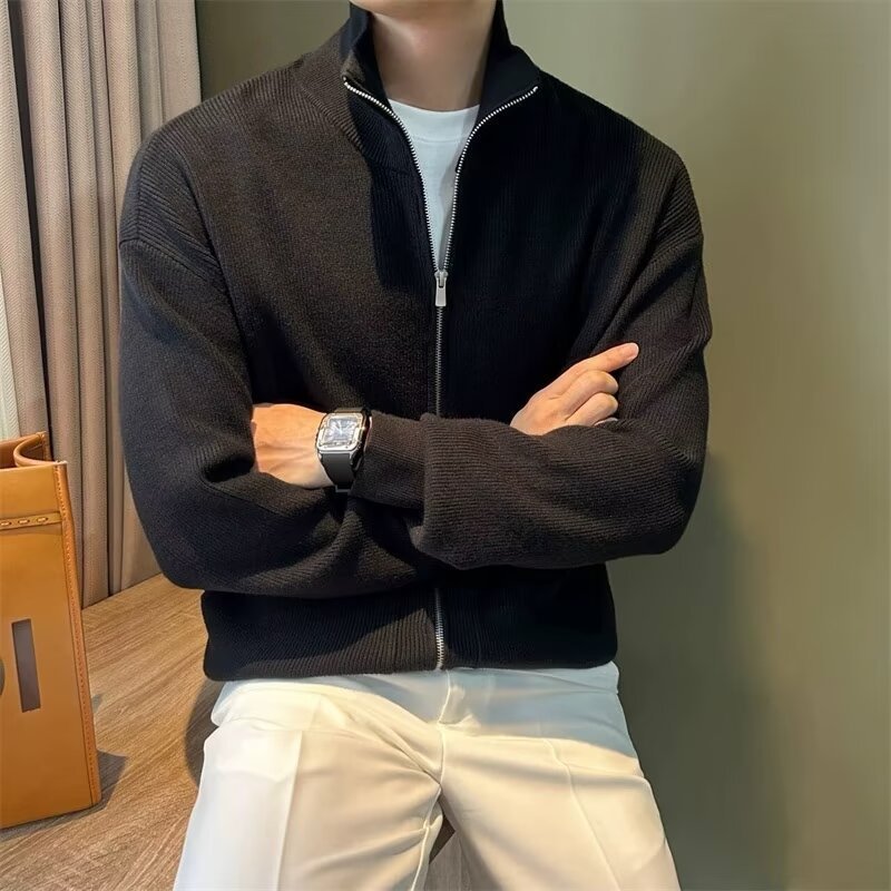 Men’s Full-Zip Ribbed Cardigan Sweater - Slim Fit Mock Neck Knit Jacket - Image 6
