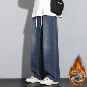 Men's Baggy Fleece Lined Jeans - Y2K Relaxed Straight Leg Thermal Denim Pants