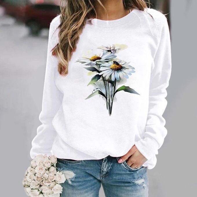 Women’s 3D Daisy Floral Graphic Sweatshirts Loose Fit Long Sleeve Pullover