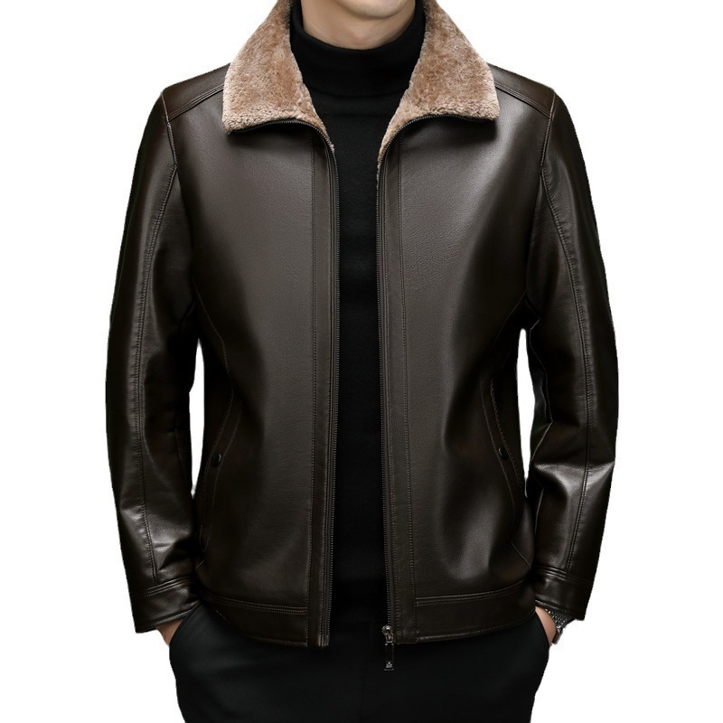 Men’s Classic Fleece-Lined Winter Leather Jacket with Faux Fur Collar - Image 7