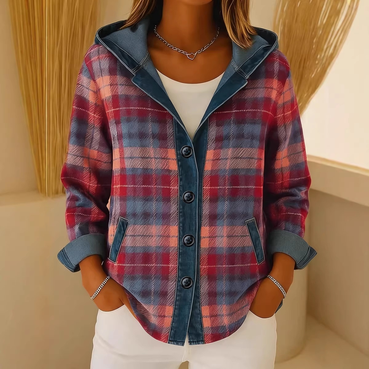 Women’s Denim Patchwork Hooded Shacket – Chic Plaid & Ribbed Cardigan