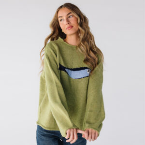 Women’s Green Fish Graphic Pullover Sweater – Casual Long Sleeve Knit Top