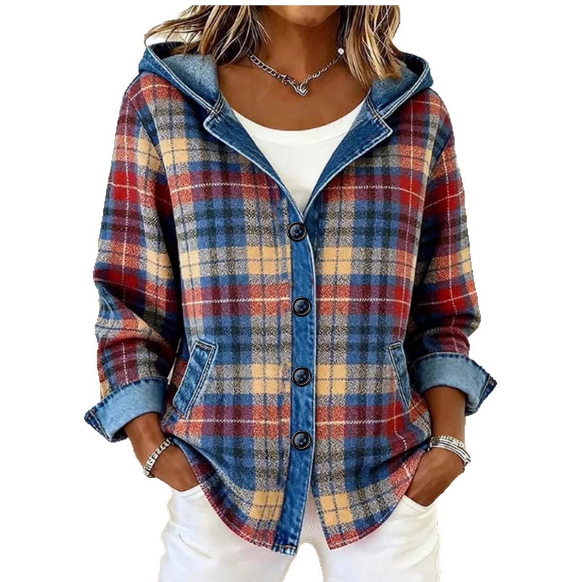 Women’s Denim Patchwork Hooded Shacket – Chic Plaid & Ribbed Cardigan - Image 5