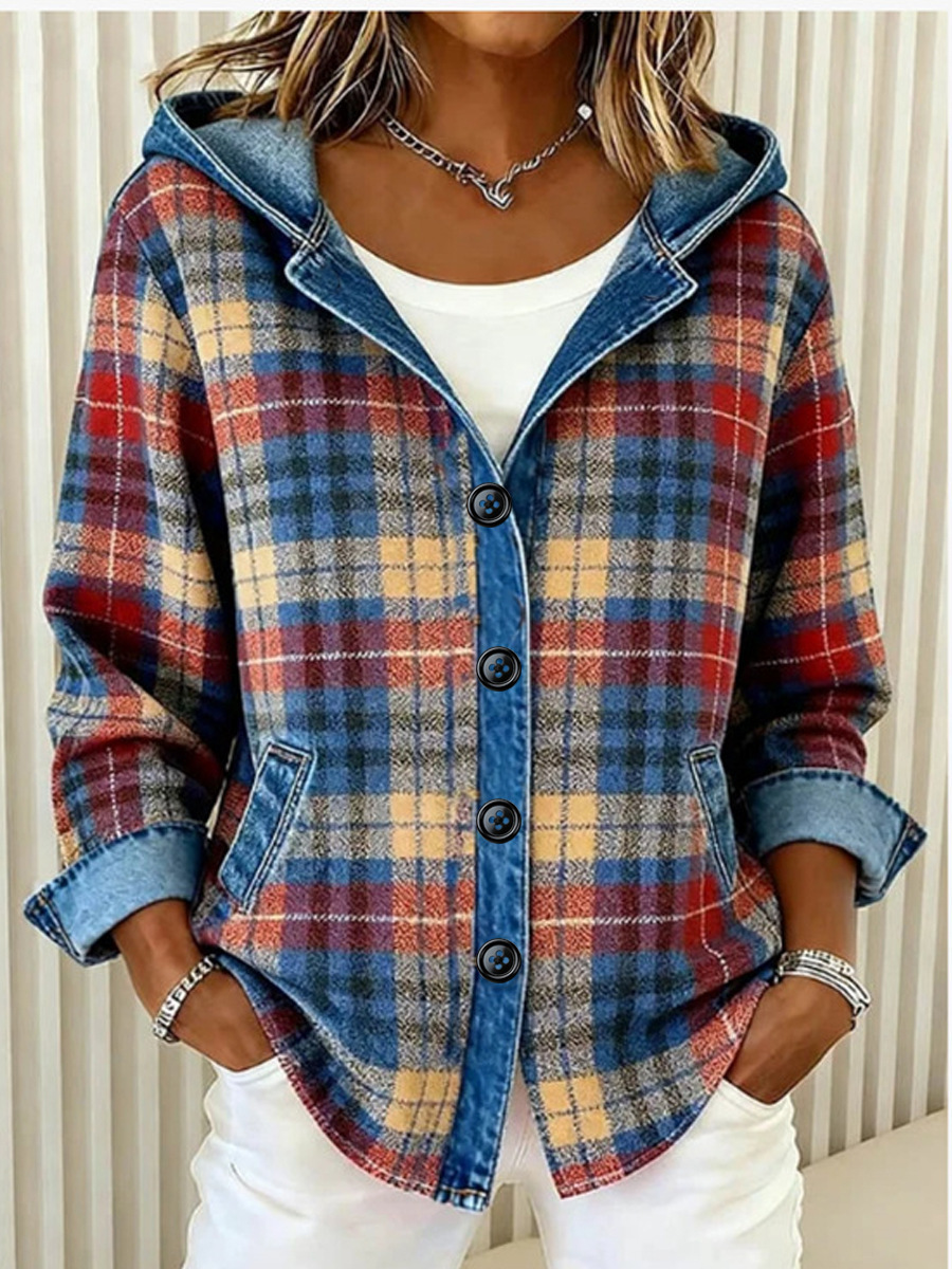 Women’s Denim Patchwork Hooded Shacket – Chic Plaid & Ribbed Cardigan - Image 9