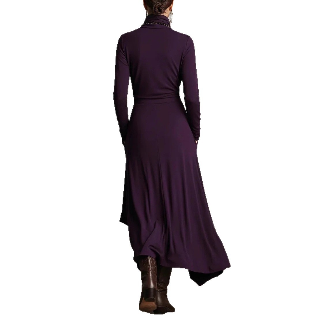 Women’s Long Sleeve Asymmetrical Mock Neck Maxi Dress with Pockets - Image 7