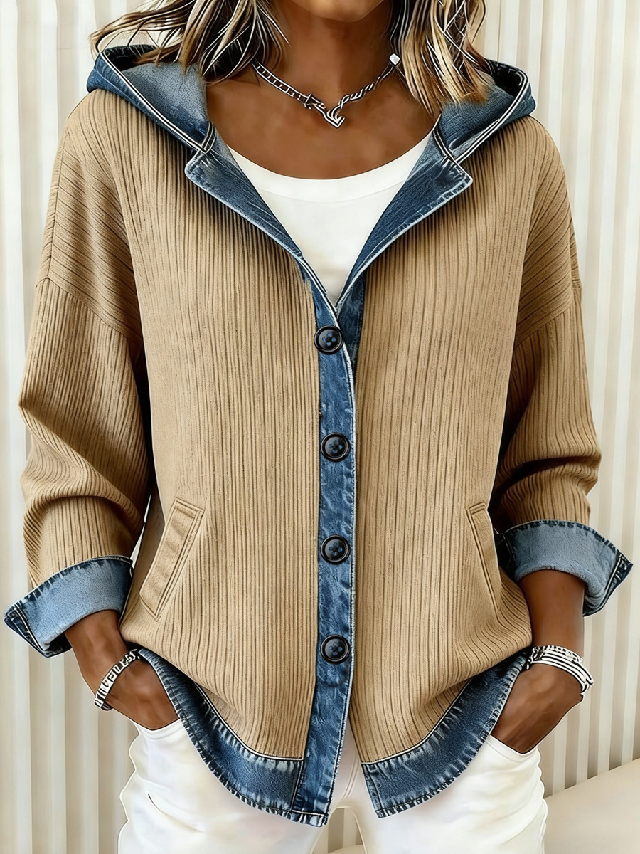 Women’s Denim Patchwork Hooded Shacket – Chic Plaid & Ribbed Cardigan - Image 3