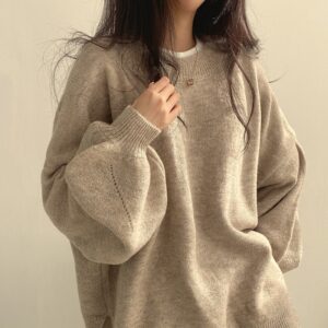 Women's Oversized Wool Crewneck Sweater – Loose Fit Balloon Sleeve Pullover