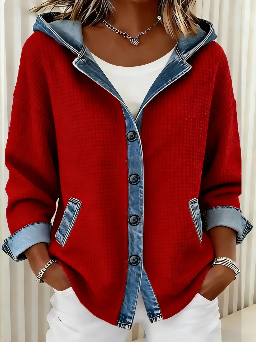 Women’s Denim Patchwork Hooded Shacket – Chic Plaid & Ribbed Cardigan - Image 7