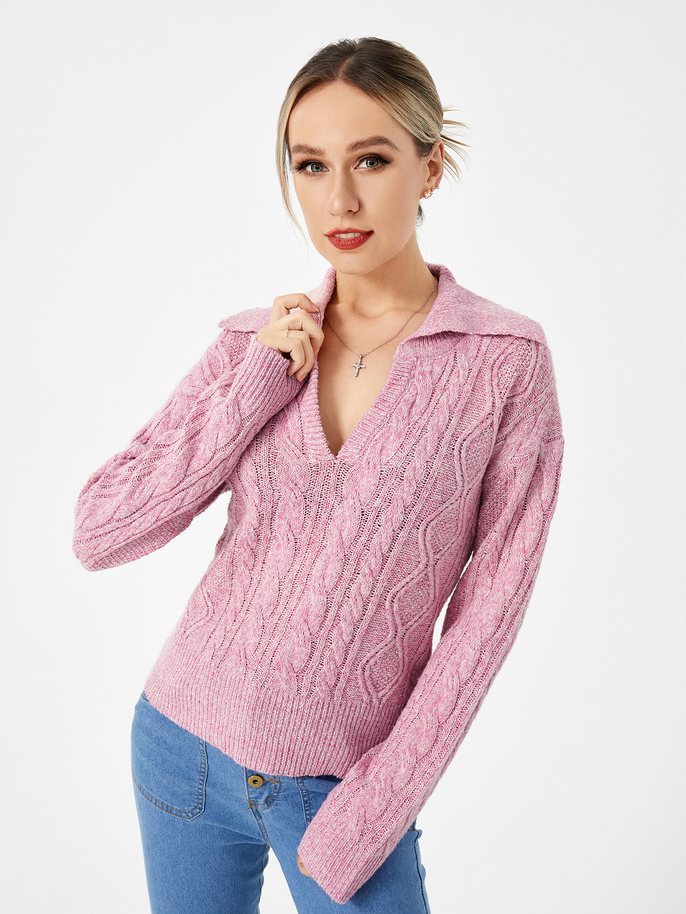 Chic Women's Cable Knit Polo Sweater - Cozy V-Neck Fall Pullover - Image 5