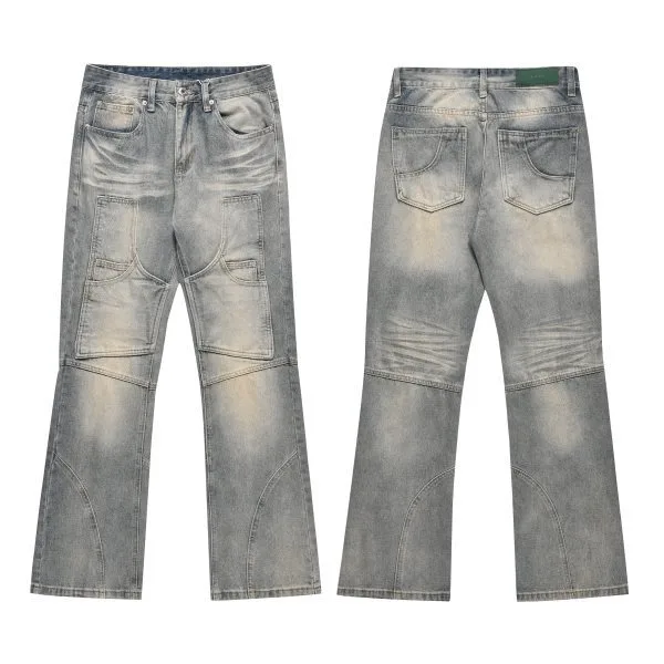 Vintage Wash Double Knee Wide Leg Jeans