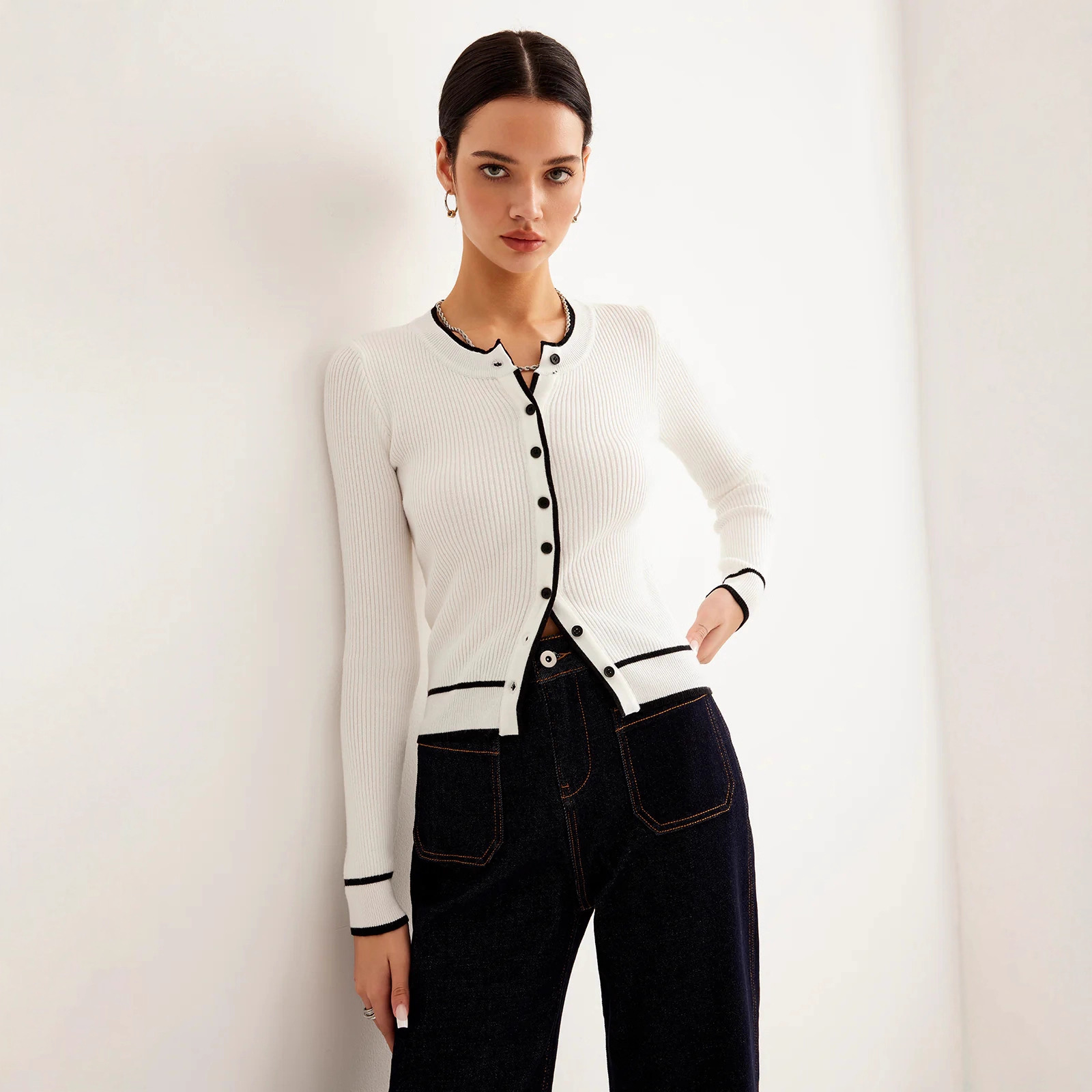 Women’s Contrast Trim Ribbed Knit Cardigan – Slim Fit Long Sleeve Sweater - Image 4