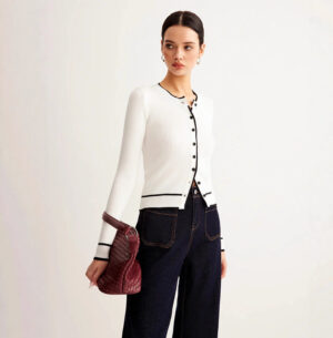 Women’s Contrast trim cardigan– Slim Fit Long Sleeve Sweater