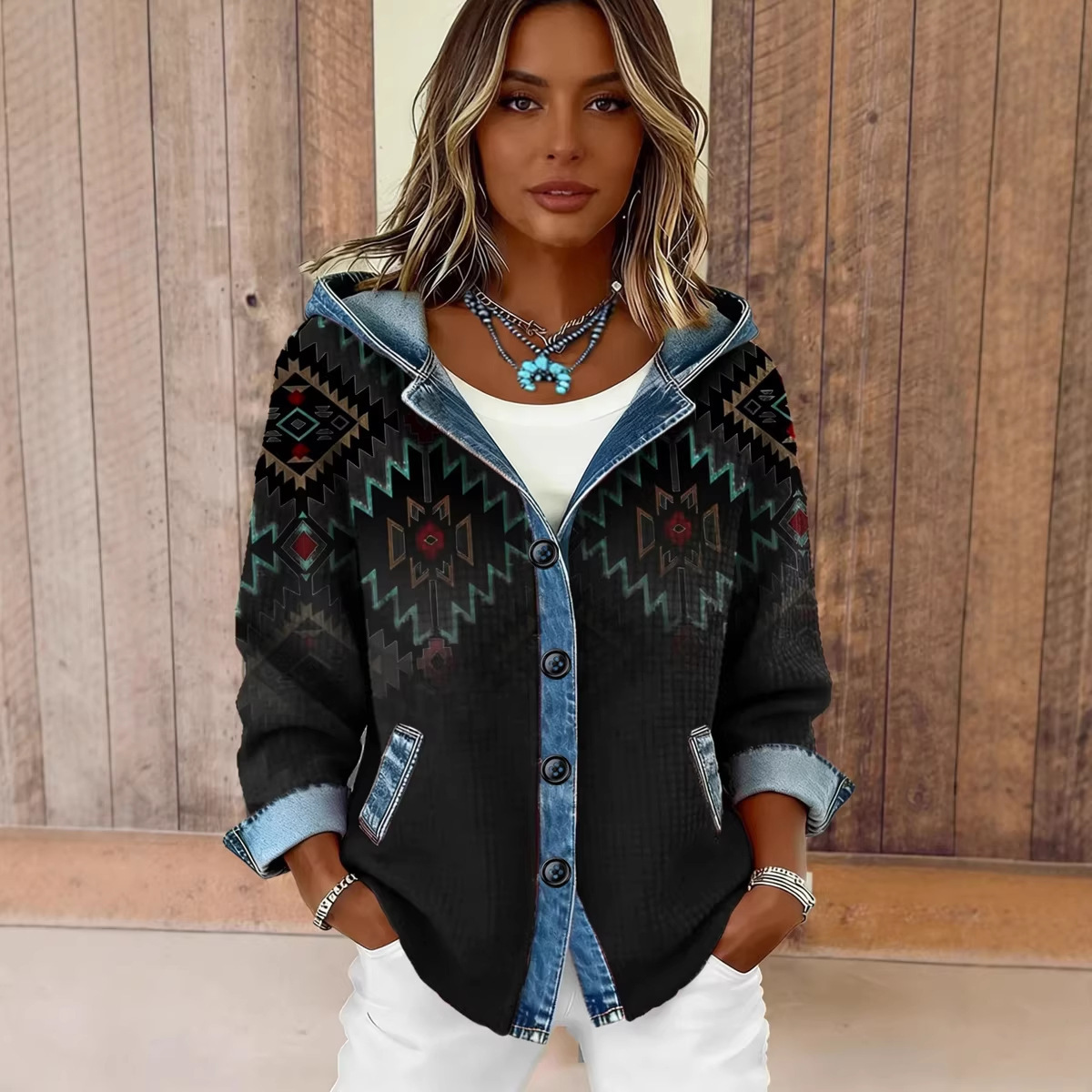 Women’s Denim Patchwork Hooded Shacket – Chic Plaid & Ribbed Cardigan - Image 8