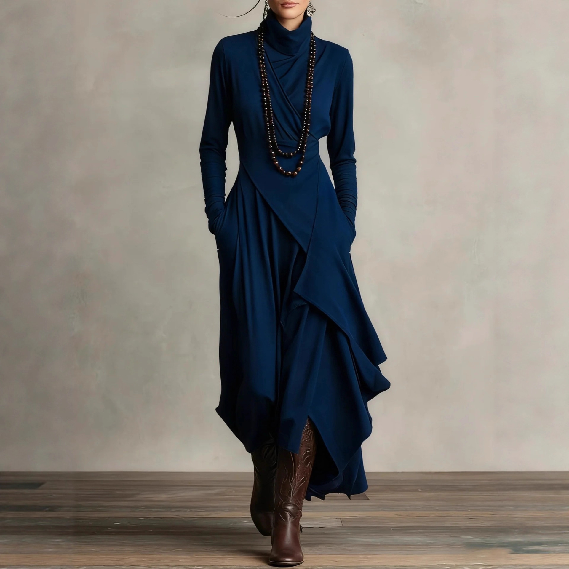 Women’s Long Sleeve Asymmetrical Mock Neck Maxi Dress with Pockets - Image 2