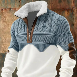 Men's Vintage Patchwork Cable Knit Quarter-Zip Pullover Sweater with Leather Elbow Patches
