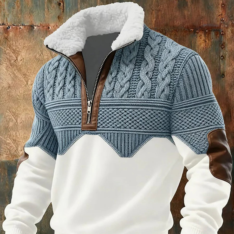 Men's Vintage Patchwork Cable Knit Quarter-Zip Pullover Sweater with Leather Elbow Patches