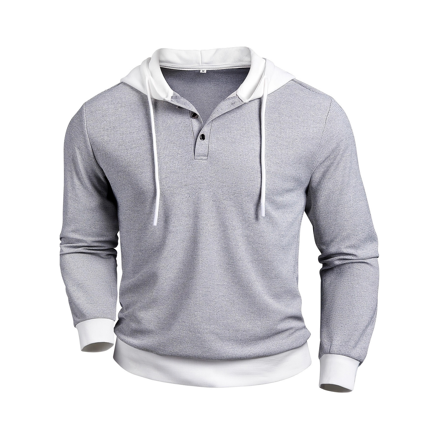 Men's Slim Fit Waffle Knit Pullover Hoodie with Contrast Trim and Button Neck - Image 3
