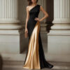 Women's Elegant One-Shoulder Mermaid Maxi Dress - Black & Gold Satin Formal Gown