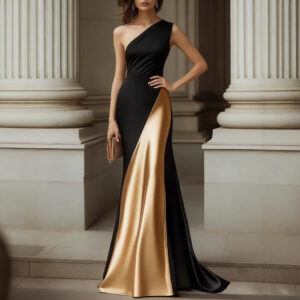 Women's Elegant One-Shoulder Mermaid Maxi Dress - Black & Gold Satin Formal Gown