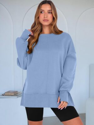 Women's Oversized Crewneck Side Slit Pullover Sweatshirt with Thumbholes