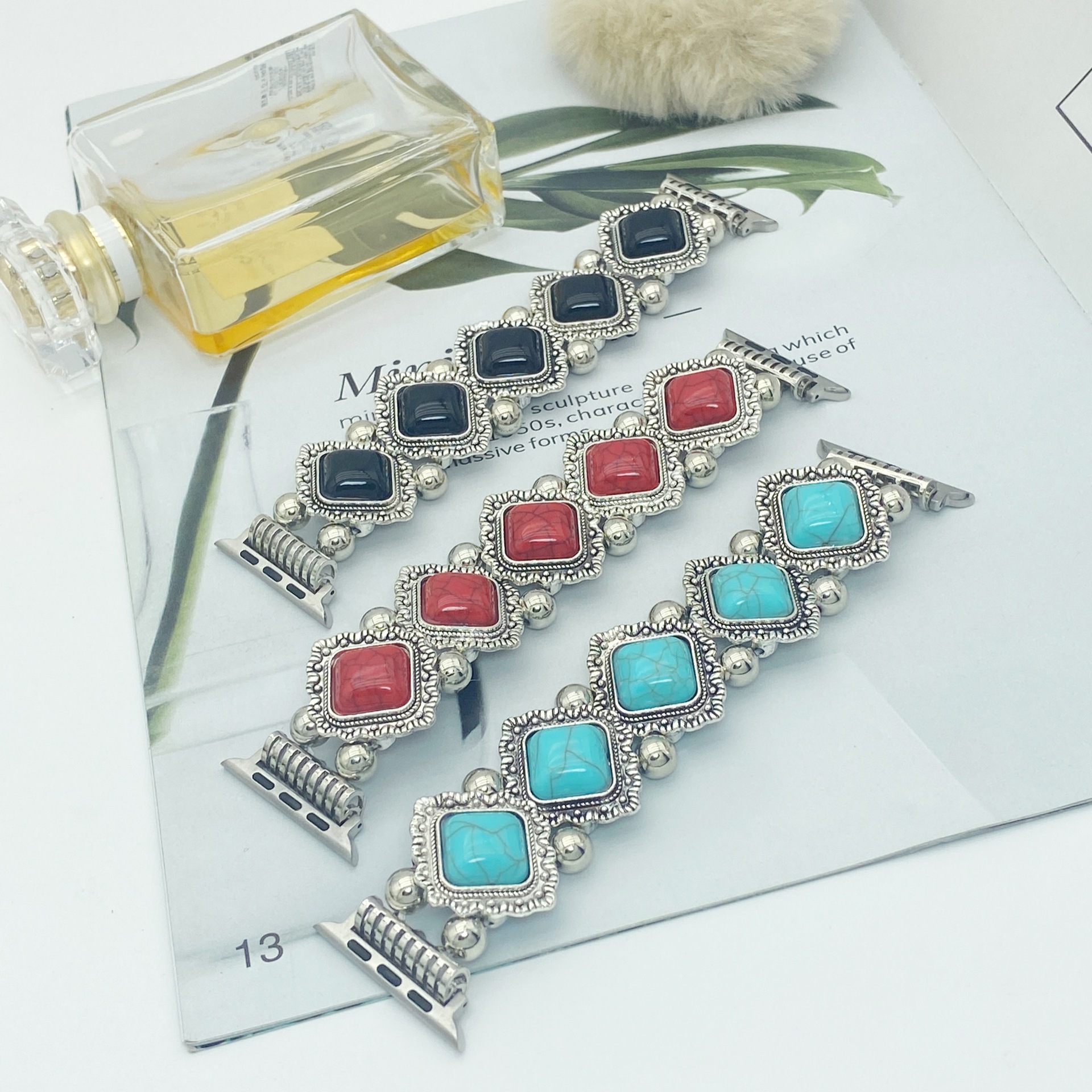 Bohemian Beaded Elastic Smart Watch Strap - Turquoise & Silver Western Style Bracelet for Apple Watch (38mm-49mm) - Image 6