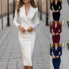 Elegant High-Waist Long Sleeve Midi Dress - Professional Office & Party Wear