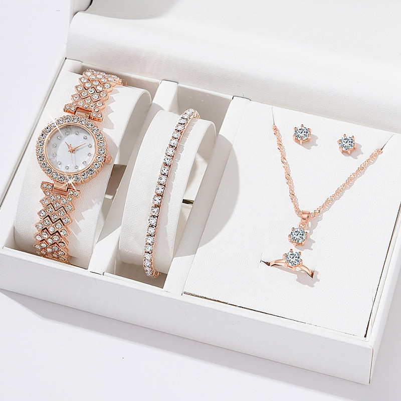 Elegant 5-in-1 Fashion Jewelry Suite - Square Mesh Watch with Necklace, Bracelet, Ring & Earrings