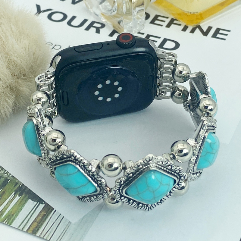 Bohemian Beaded Elastic Smart Watch Strap - Turquoise & Silver Western Style Bracelet for Apple Watch (38mm-49mm)
