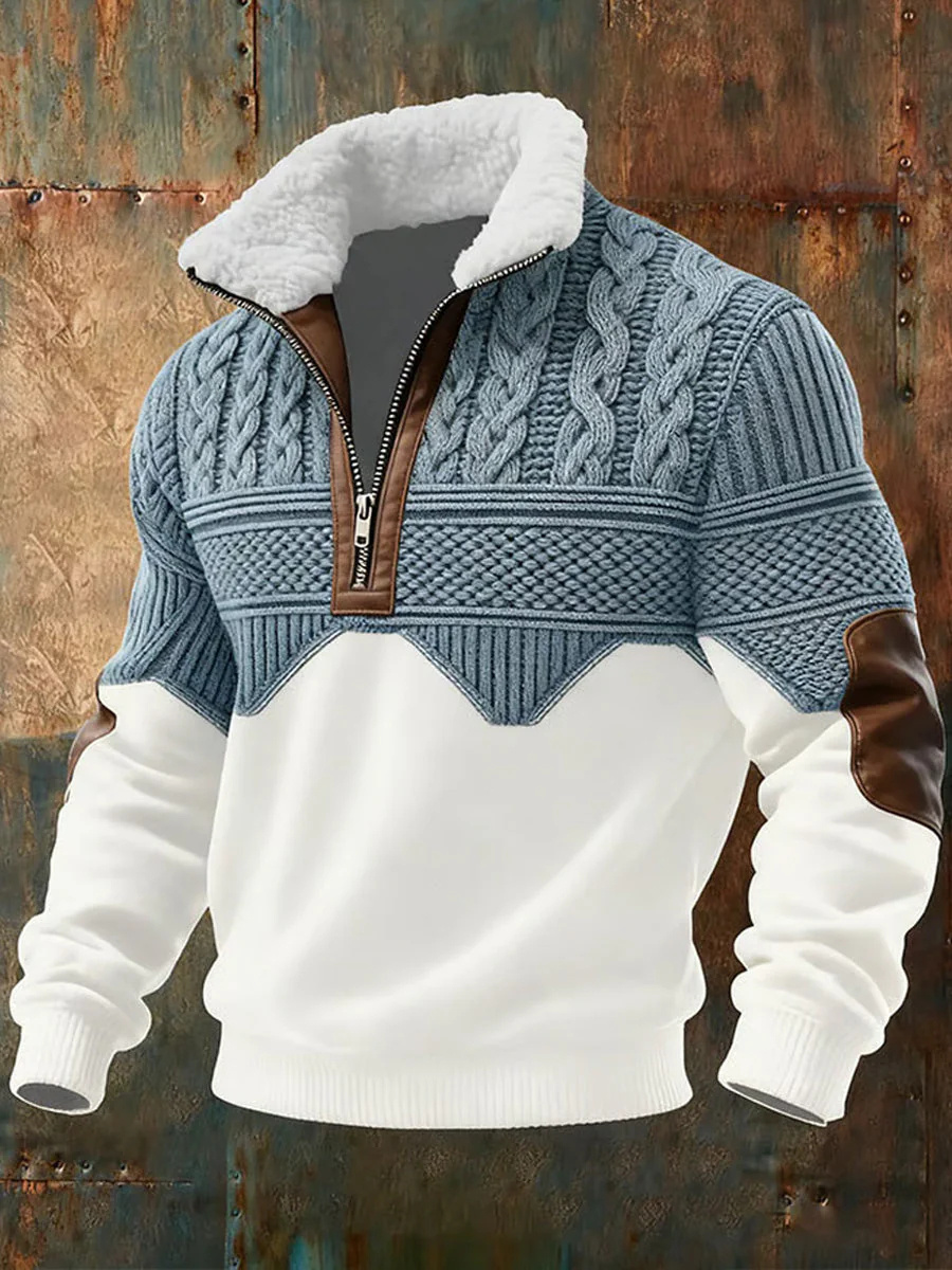 Men's Vintage Patchwork Cable Knit Quarter-Zip Pullover Sweater with Leather Elbow Patches - Image 5