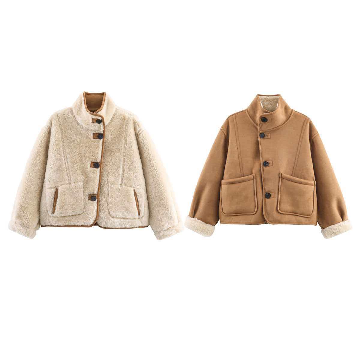 Women's Reversible Faux Shearling & Suede Loose Fit Jacket - Image 4