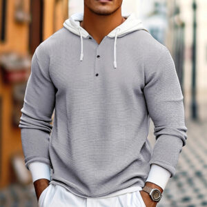 Men's Slim Fit Waffle Knit Pullover Hoodie with Contrast Trim and Button Neck