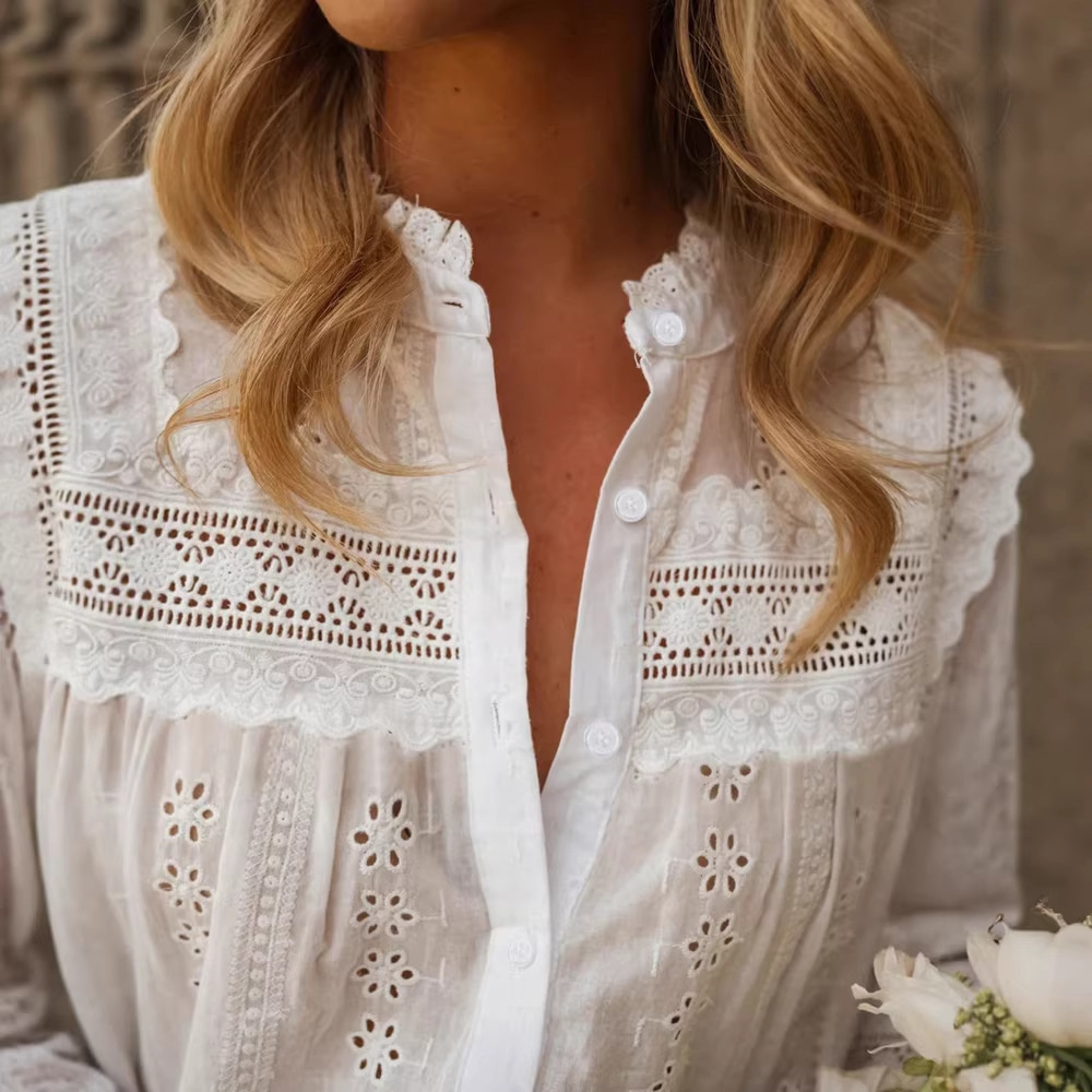 White Eyelet Cutout Ruffle Blouse – Lantern Sleeve Lace Trim Button-Down Top - Image 4