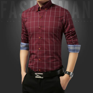Men's Slim Fit Grid Pattern Dress Shirt - Cotton Blend Long Sleeve Button-Down with Contrast Cuffs