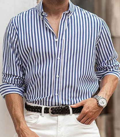 Vertical Striped Casual Long Sleeve Button-Down Shirt - Image 5