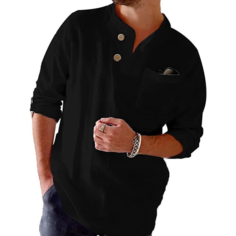 Men's Cotton Linen Henley Shirt Long Sleeve – Loose Fit Casual Summer Pullover - Image 4