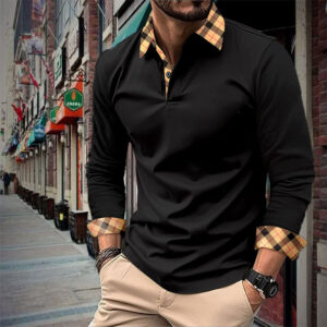 Men's Long Sleeve Polo Shirt with Plaid Contrast Collar & Cuffs