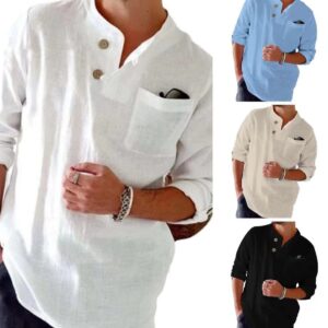 Men's Cotton Linen Henley Shirt Long Sleeve