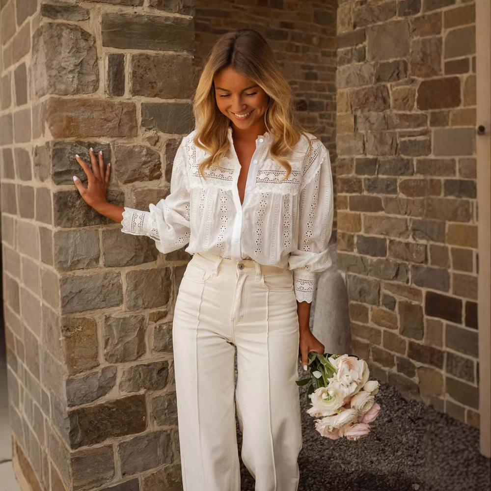 White Eyelet Cutout Ruffle Blouse – Lantern Sleeve Lace Trim Button-Down Top - Image 6