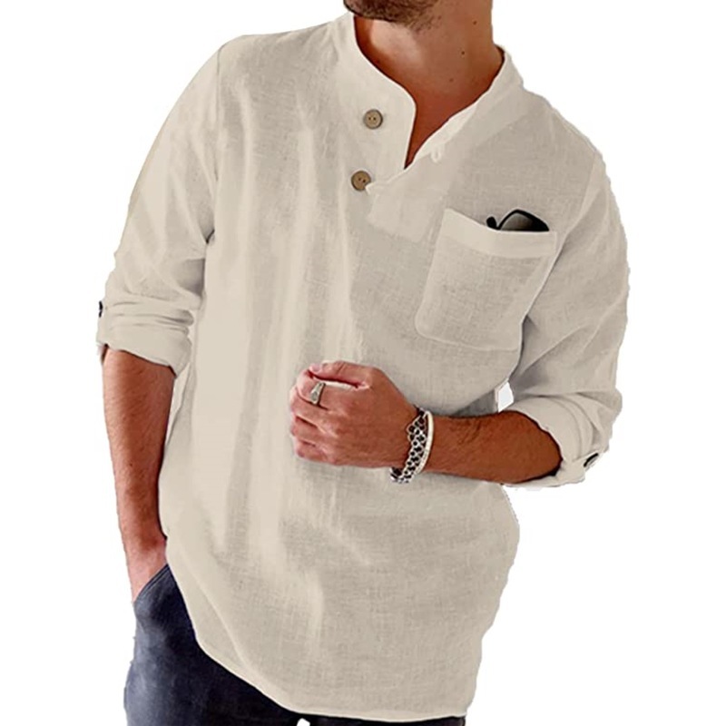 Men's Cotton Linen Henley Shirt Long Sleeve – Loose Fit Casual Summer Pullover - Image 3