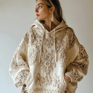 Women Oversized Hoodie with Lace Embroidery