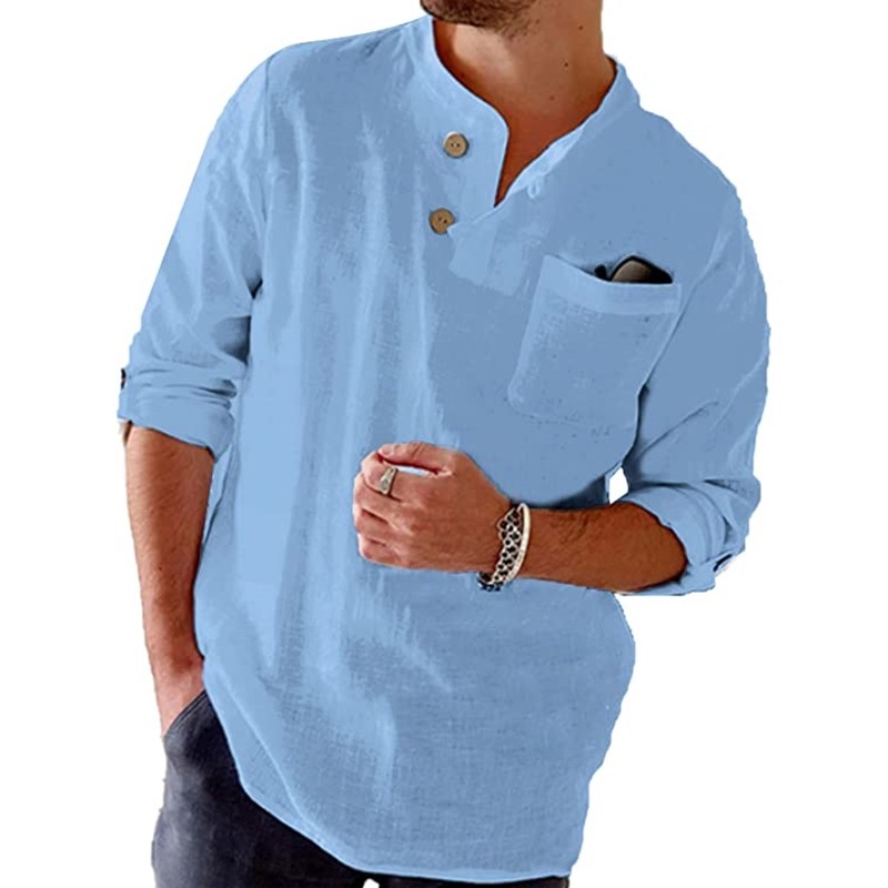 Men's Cotton Linen Henley Shirt Long Sleeve – Loose Fit Casual Summer Pullover - Image 2