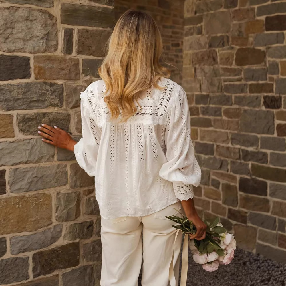 White Eyelet Cutout Ruffle Blouse – Lantern Sleeve Lace Trim Button-Down Top - Image 2