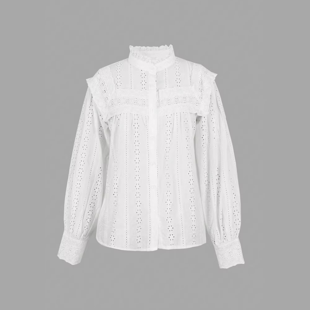 White Eyelet Cutout Ruffle Blouse – Lantern Sleeve Lace Trim Button-Down Top - Image 5