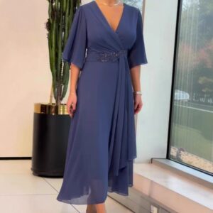 Luxe V-Neck Asymmetrical Maxi Dress | Refined Ruffle Sleeve Silhouette